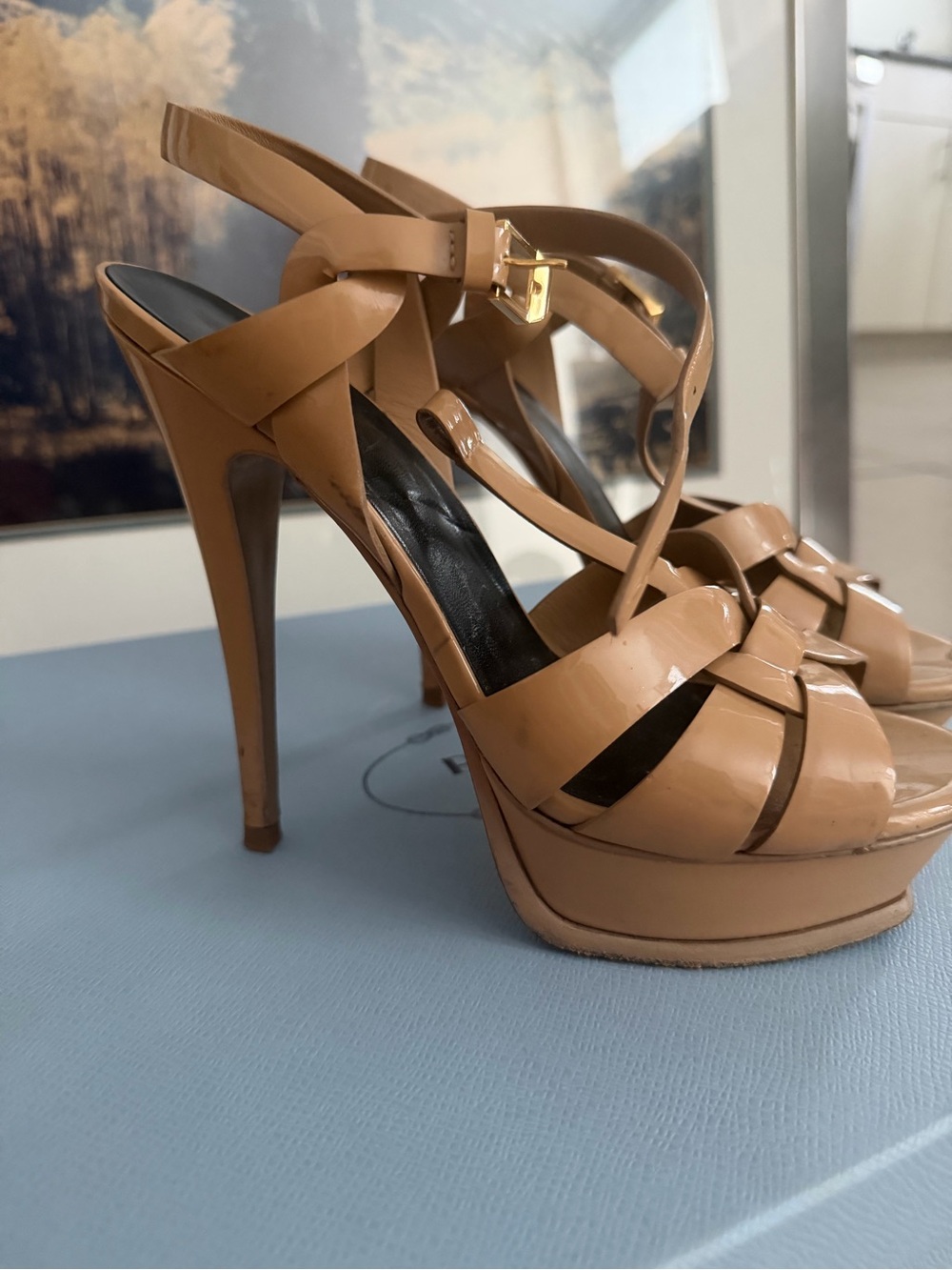 Yves Saint Laurent Tan Knotted Patent Leather Platform Sandals